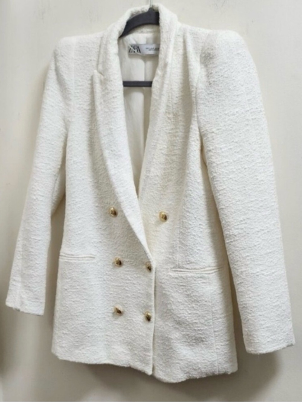Zara Cream Textured Bouclé Double-Breasted Blazer